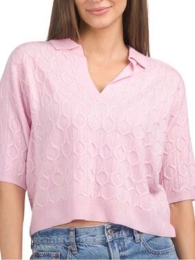 NO NAME Light Pink Cashmere Knit Short Sleeve Cropped Polo Sweater Tee